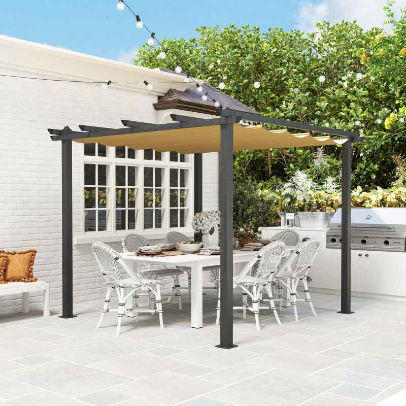 Outsunny 3 x 3(m) Pergola with Retractable Roof, Aluminium Frame Garden Gazebo Canopy Outdoor Sun Shade Shelter for Grill, Patio, Deck, Khaki