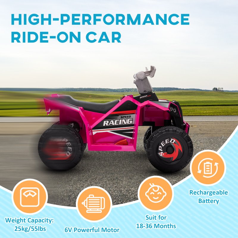 HOMCOM 6V Electric Quad Bike Kids Ride On All Terrain Vehicle with Forward Backward Function, for Ages 18-36 Months - Pink