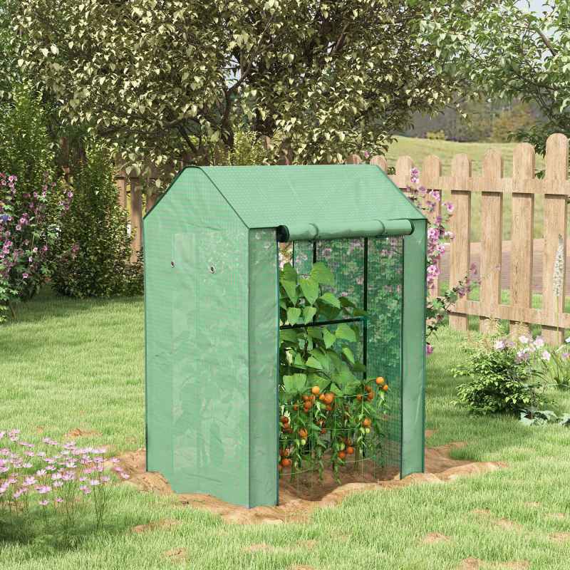Outsunny Mini Greenhouse, Tomato Greenhouse Green House for Garden with 2 Roll-up Doors, Vent Holes and Reinforced PE Cover, 100 x 80 x 150cm, Green