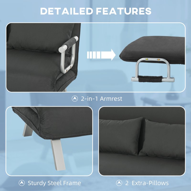 HOMCOM 2 Seater Sofa Bed, Click Clack Convertible Bed Settee, Modern Velvet Feel Fabric Sofa with 2 Cushions for Living Room, Bedroom, Guest Room, Charcoal Grey