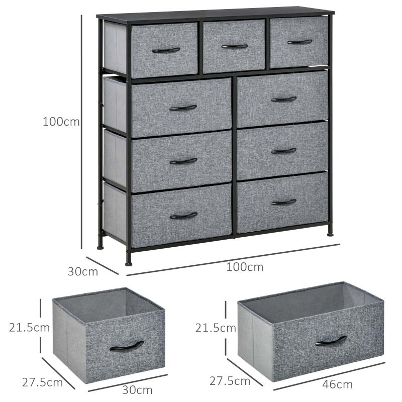 HOMCOM 9 Drawers Storage Chest Dresser Organizer Unit w/ Steel Frame, Wood Top, Easy Pull Fabric Bins, for Bedroom, Hallway, Entryway, Black & Grey