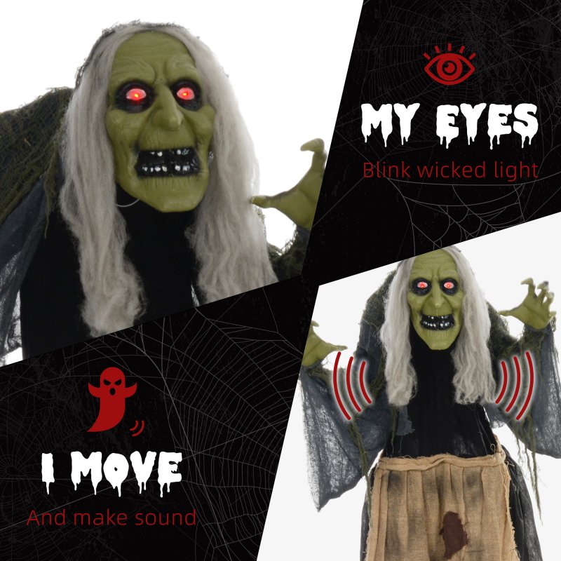HOMCOM 160cm Witch Outdoor Halloween Decoration, Halloween Animatronic with Sound Activated, Light Up Eyes, Sound Effects, Animated Prop for Haunted House