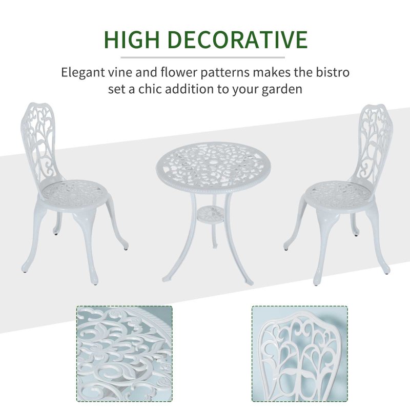 Outsunny 3 Pieces Antique Garden Bistro Set for 2, Cast Aluminium Garden Furniture Set with Umbrella Hole for Balcony, Porch, Patio, White
