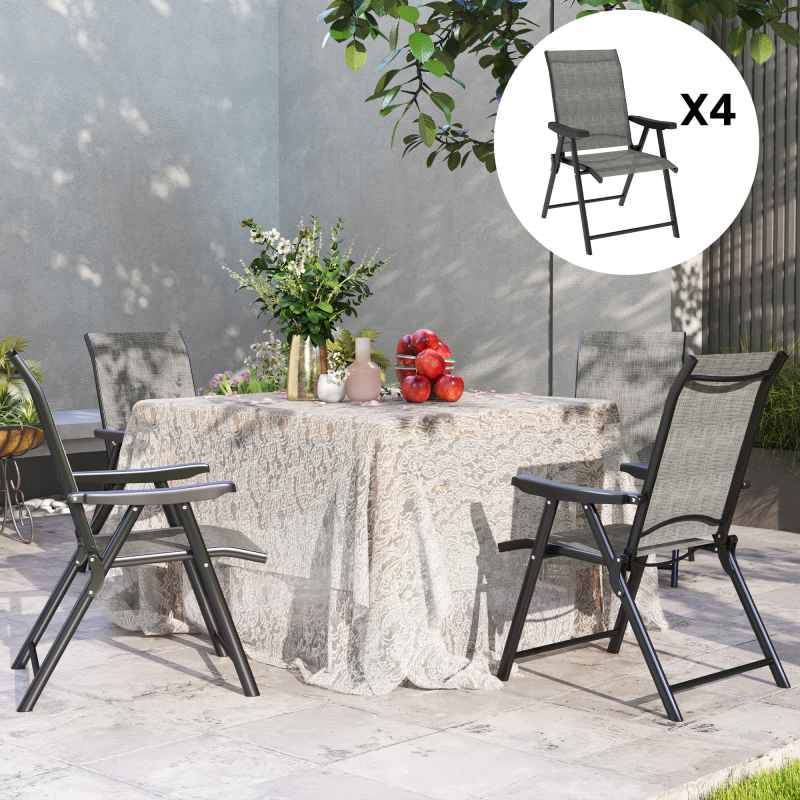 Outsunny Set of 4 Folding Chair, Garden Chair Set with Breathable Mesh Back and Seat, Outdoor Camping Chairs with Armrests, Steel Frame for Deck Balcony, Black and Grey