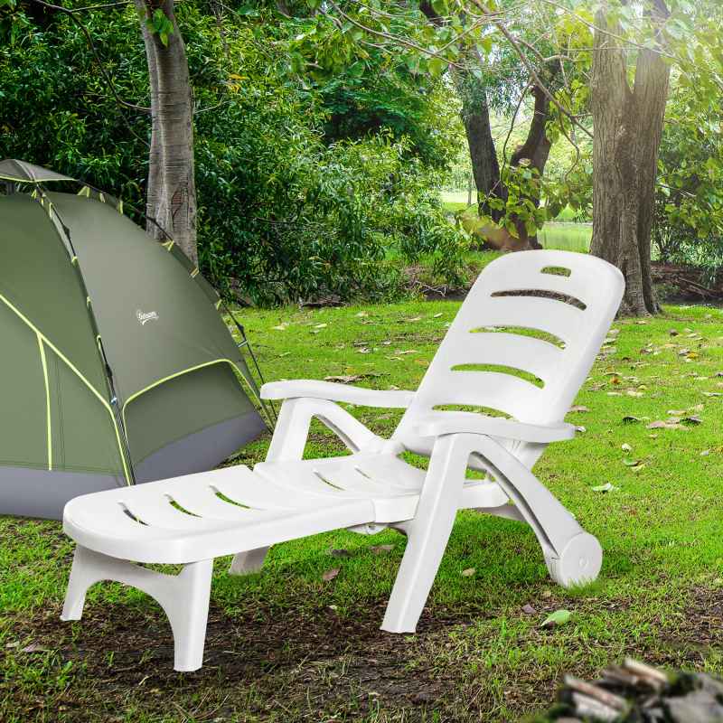 Outsunny Folding Sun Lounger with Wheels, 5-Position Adjustable Outdoor Deck Chair Furniture, Garden Beach Patio Pool Lounger Recliner Seat, White