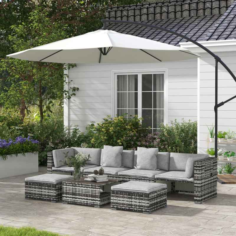 Outsunny 7 Pieces PE Rattan Garden Sofa Set Patio Furniture Set with Glass Table, Stools, Cushions, Pillows, for Outdoor Balcony, Mixed Grey