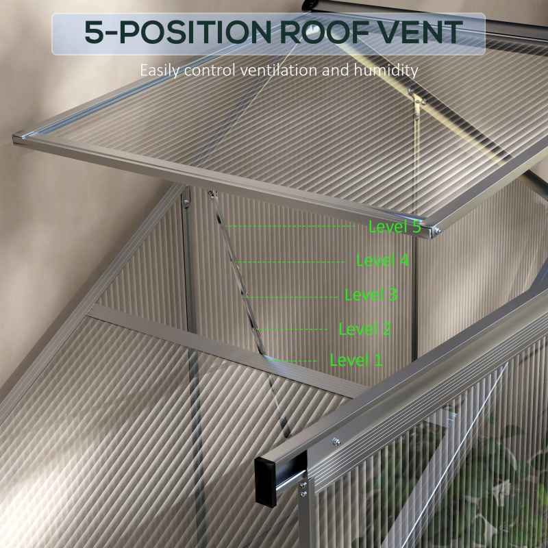 Outsunny 6 x 2.5ft Polycarbonate Greenhouse, Walk-In Green House with Sliding Door, 5-Level Roof Vent, Rain Gutter, Garden Plants Grow House with Aluminium Frame and Foundation, Silver