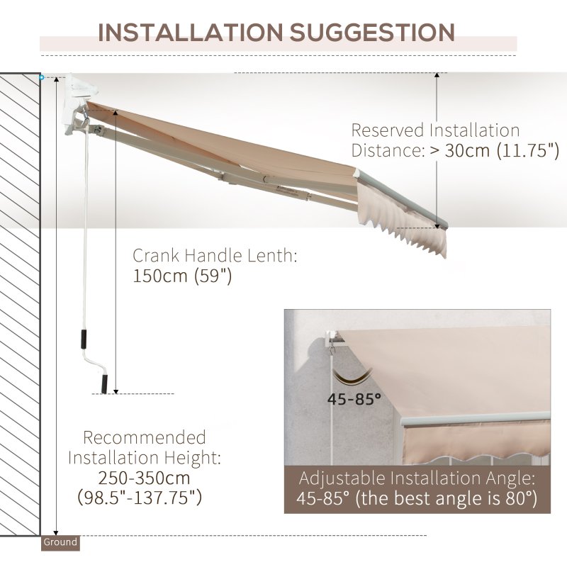 Outsunny 3 x 2m Manual Window Awning Canopy Garden Outdoor Shelter Patio Sun Shade UV Blocker Light Weight Aluminium Frame w/ Hand Crank Beige