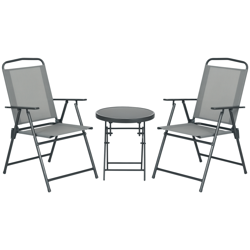 Outsunny Garden Bistro Set, 3 Pieces Table and Chairs Set, Outdoor Garden Furniture with Foldable Breathable Mesh Fabric Armchairs & Glass Top Coffee Table, Light Grey