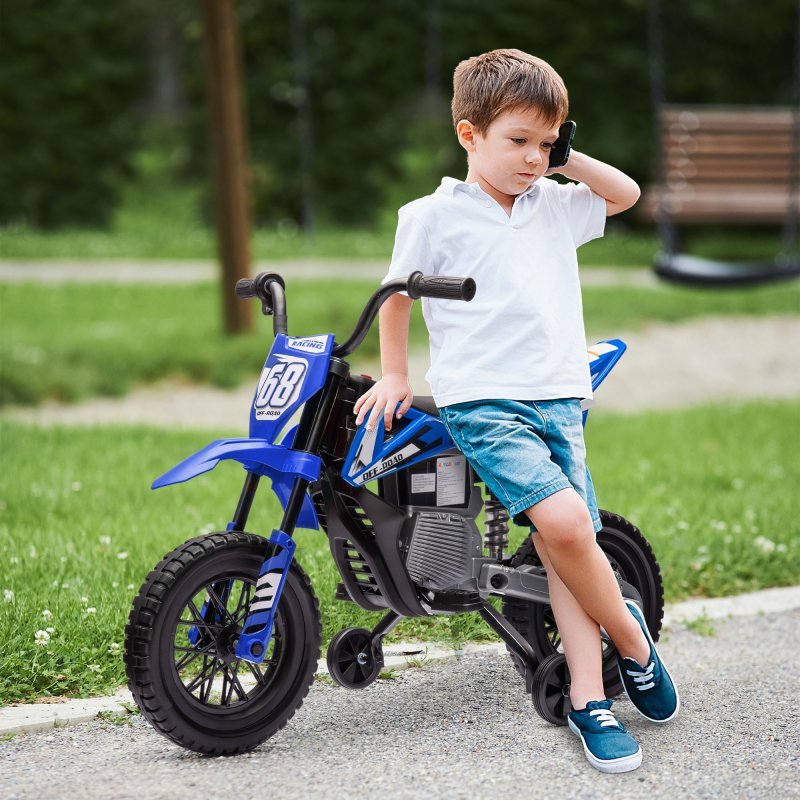 AIYAPLAY 12V Kids Electric Motorbike, Kids Electric Ride on Motorcycle, Battery Powered Toy with Twist Grip Throttle, Training Wheels, Suspension System, Music, Blue