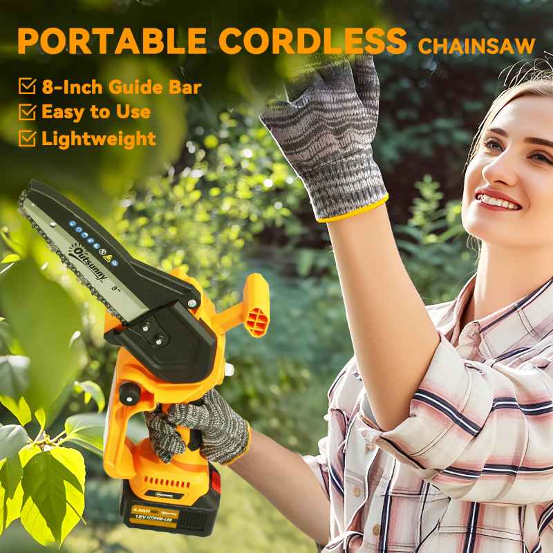 Outsunny 8 Inch Electric Chainsaw, Cordless Mini Chain Saw with Brushless Motor, 2 x 4000mAh Batteries and Safety Lock, Handheld Portable Wood Pruning Saw for Trimming Cutting, Orange