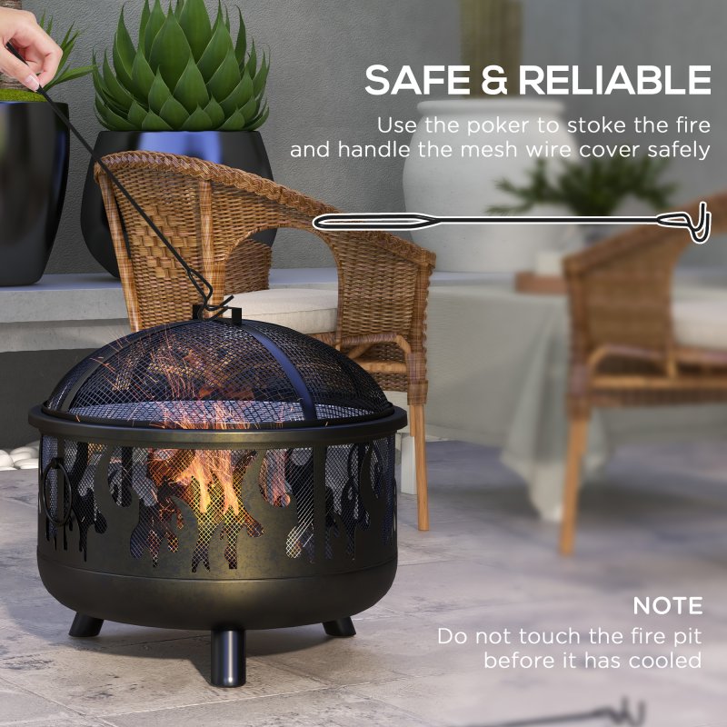 Outsunny Metal Firepit Bowl Outdoor 2-In-1 Round Fire Pit w/ Lid, Grill, Poker, Handles for Garden, Camping, BBQ, Bonfire, Wood Burning Stove, 61.5 x 61.5 x 52cm, Black