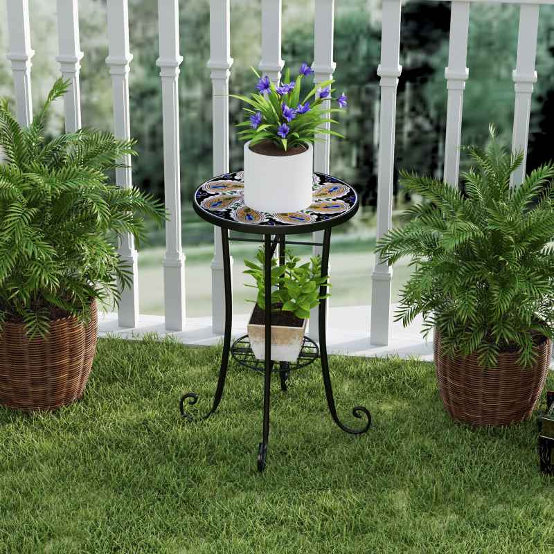 Outsunny Mosaic Garden Table, 35.5 cm Round Outdoor Table with Shelf, Ceramic Tile Top, Small Garden Side Table Bistro Table End Table Plant Stand for Indoor, Patio, Balcony, Orange