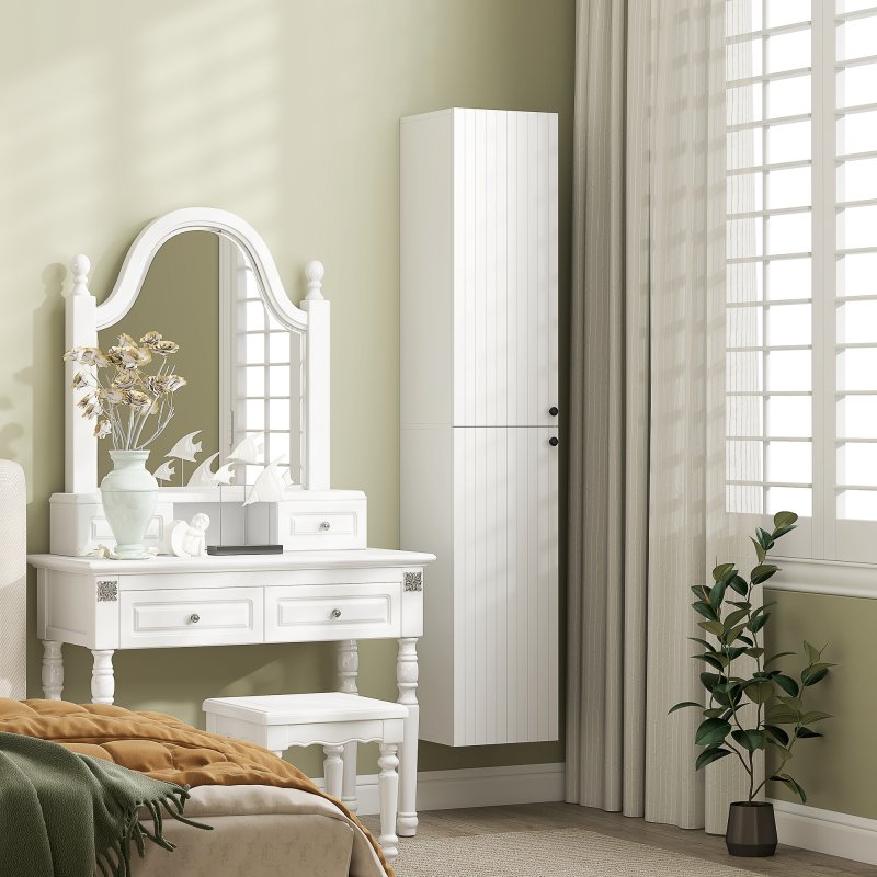 HOMCOM 300 x 1610 mm Wall Mounted Tall Bathroom Cabinet with Soft-Close Hinges, Slim Bathroom Storage Cabinet with 2 Doors, Modern Narrow Storage Cupboard, White