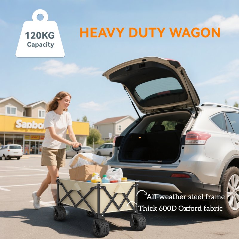 Outsunny 110L Festival Trolley on Wheels, Folding Camping Trolley Cart with Telescopic Handle, Carry Bag and All-Terrain Big Wheels, for Garden, Beach, Fishing, Black, Khaki