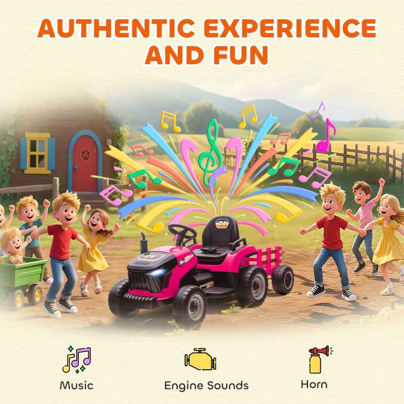 AIYAPLAY Ride on Tractor with Trailer, 12V Electric Vehicle with Remote Control, Ride on Car for Kids with Music, Shifter, Start-Up Sound for Ages 3-8 Years, Pink