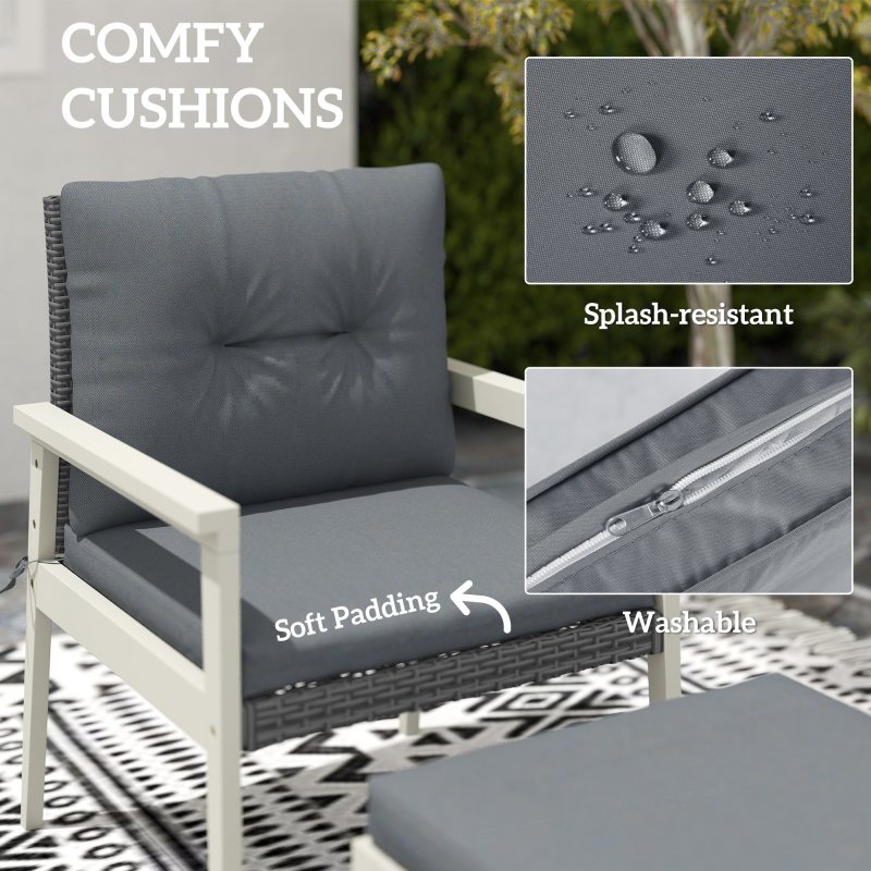 Outsunny 5 Pieces Rattan Garden Furniture Set, Patio Conversation Set with Cushions, Acacia Wood Top Coffee Table and Footstools, Outdoor Table and Chairs for Balcony, Terrace and Conservatory, Grey