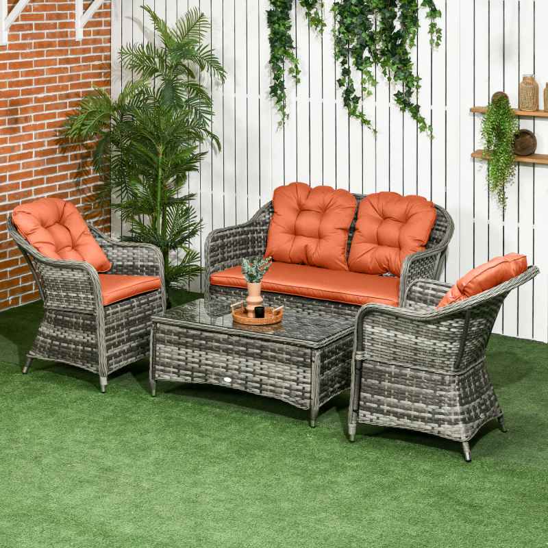 Outsunny 4 Pieces Outdoor PE Rattan Garden Furniture with Cushions, Patio Special Hand Weave Wicker Conservatory Sofa Set with Glass Top Coffee Table, Orange
