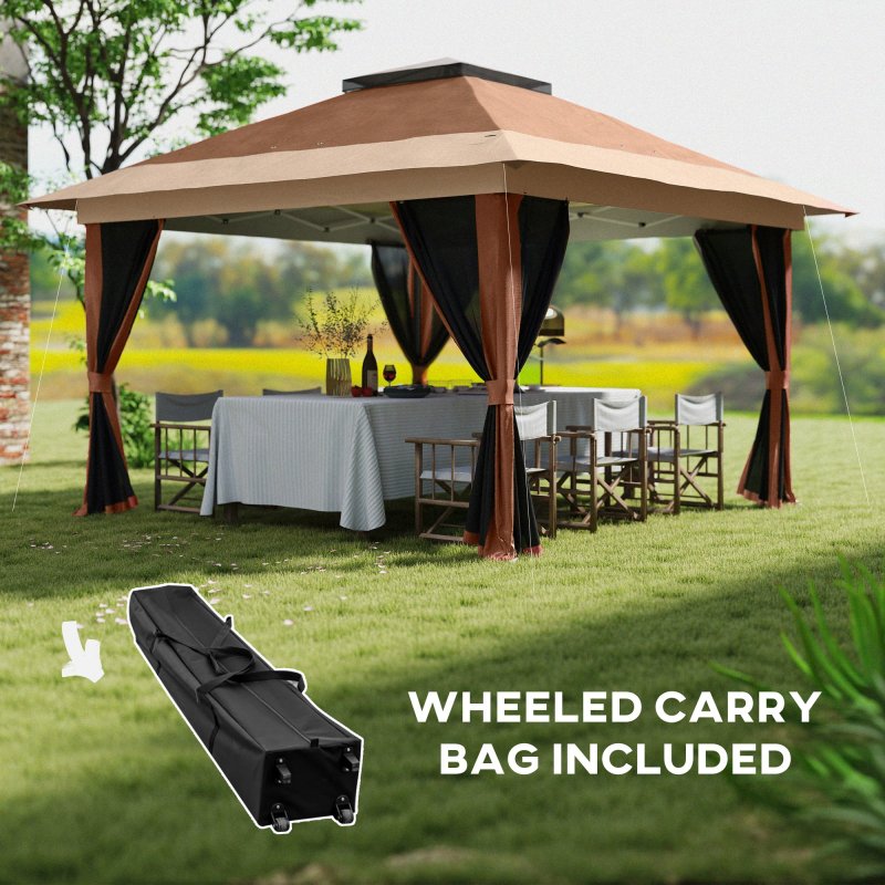 Outsunny 3.6 x 3.6m Pop Up Gazebo with Mesh Sides, UPF50+ Height Adjustable Party Tent Instant Event Shelter with Wheeled Carry Bag and Sand Bags for Garden, Patio, Brown