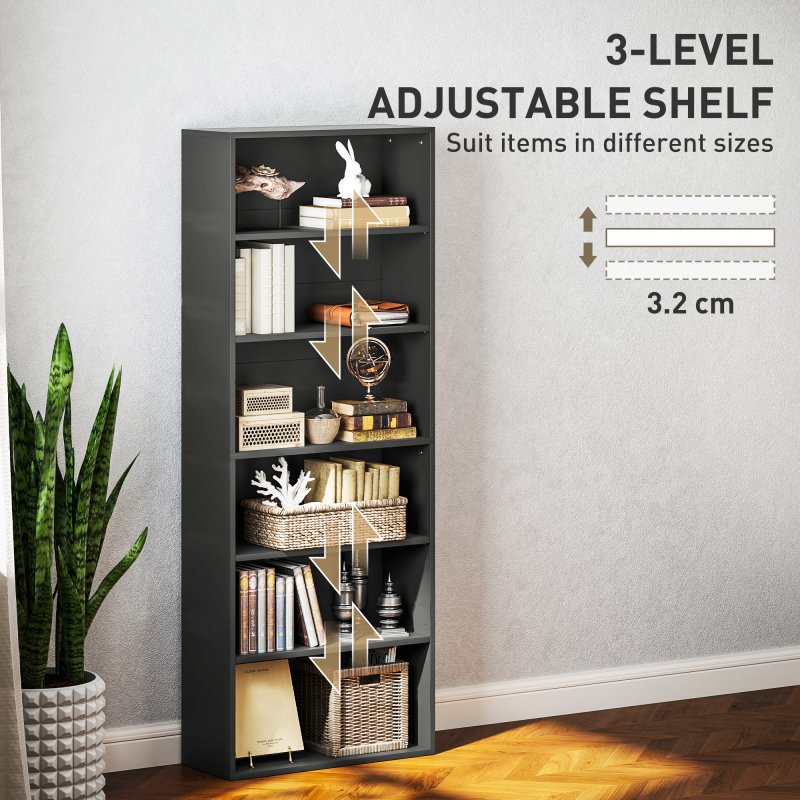 HOMCOM 6 Tier Bookshelf, Freestanding Bookcase with Adjustable Shelves, Display Storage Unit for Living Room, Bedroom, Study, 60 x 24 x 158.5 cm