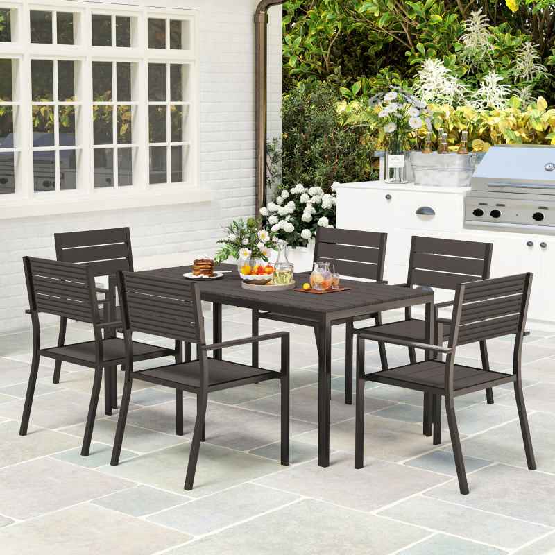 Outsunny 7 Piece Garden Furniture Set, 160 x 80 cm Rectangle Table and 6 Stackable Chairs Set, Outdoor Dining Set for Balcony, Deck, Dark Brown