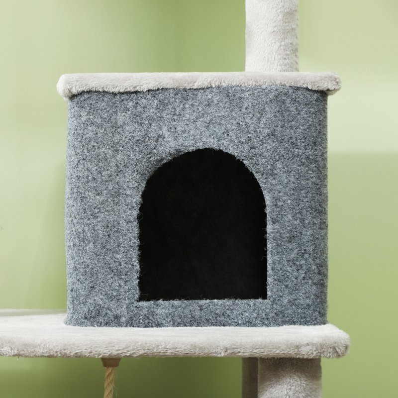 PawHut Cat Tree for Indoor Cats, 132cm Cat Tower with Scratching Posts and Pad, Cat Bed, Cat House, Jumping Platform, Grooming Brush, Toy Balls, Anti-Tip Kit, Cat Climbing Frame, Light Grey