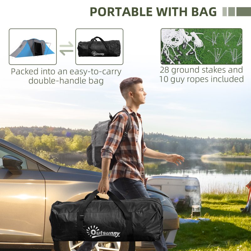 Outsunny 4-6 Man Tunnel Tent with 2 Bedroom and Living Area, Large Camping Tent, 2000mm Waterproof, Portable with Bag, for Fishing Hiking Festival, Grey and Blue