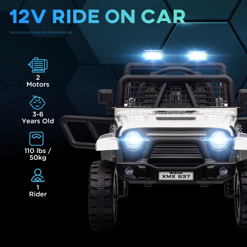 AIYAPLAY Kids Ride On Car, 12V Battery Powered Electric Truck with 4 Spring Suspension Wheels, Parental Remote Control, Music Horn LED Lights, White
