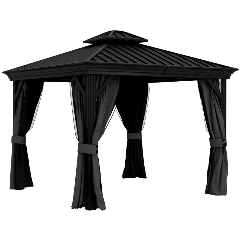 Outsunny 3 x 3.7m Outdoor Hardtop Gazebo Canopy Aluminium Frame with 2-Tier Roof & Mesh Netting Sidewalls for Patio, Dark Grey