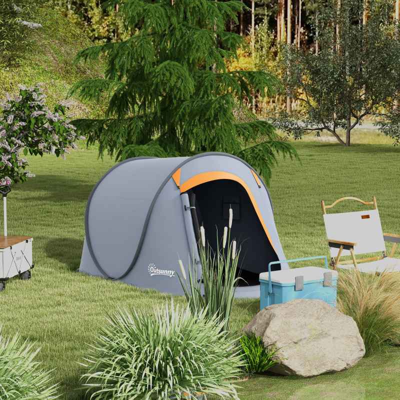 Outsunny 2 Man Pop up Tent, Camping Tent, 2000mm Waterproof with Portable Carry Bag for Fishing Hiking Backpacking, Grey