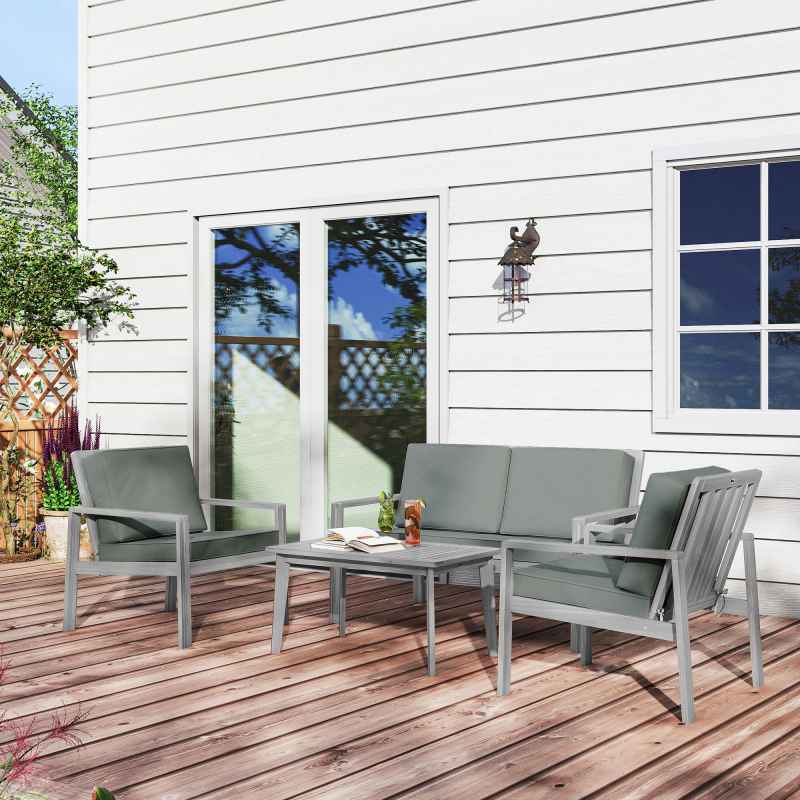 Outsunny 4 Pieces Garden Furniture Set with Cushions, Wooden Garden Sofa Set with 1 Loveseat, 2 Armchairs and 1 Coffee Table, Outdoor Table and Chairs for Conservatory, Balcony, Patio, Light Grey