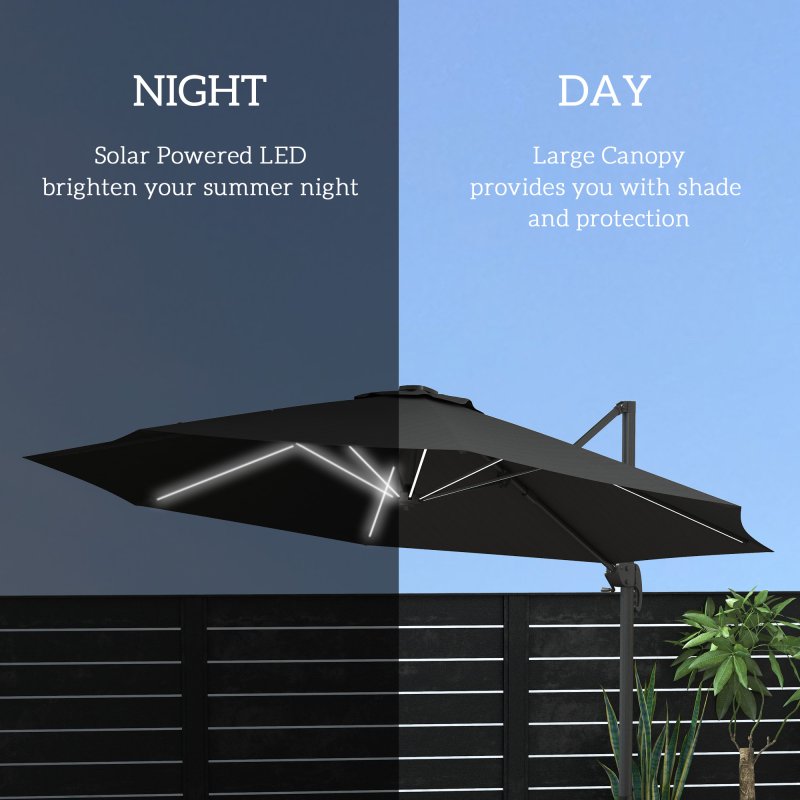 Outsunny 3(m) Cantilever Roma Parasol Adjustable Garden Sun Umbrella with LED Solar Light, Aluminium Frame, Tilt & Crank, UV50+, Cross Base Rotating Outdoor- Dark Grey