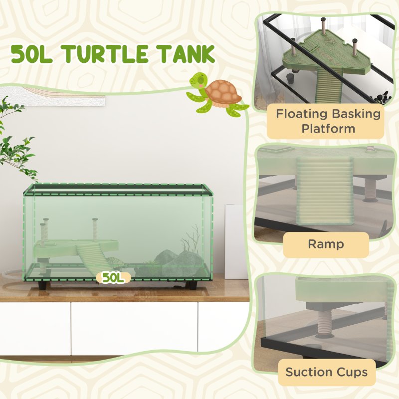 PawHut Turtle Tank, 50L Glass Turtle Aquarium with Basking Platform, Ramp, Easy Drainage, Strip Patch Thermometer, for Small Turtles, 60 x 30 x 32cm