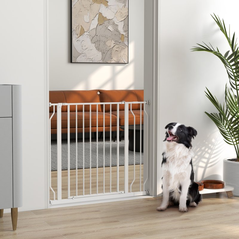 PawHut Dog Gate Wide Stair Gate w/ Door Pressure Fit Pets Barrier for Doorway, Hallway, 76H x 75-95W cm - White