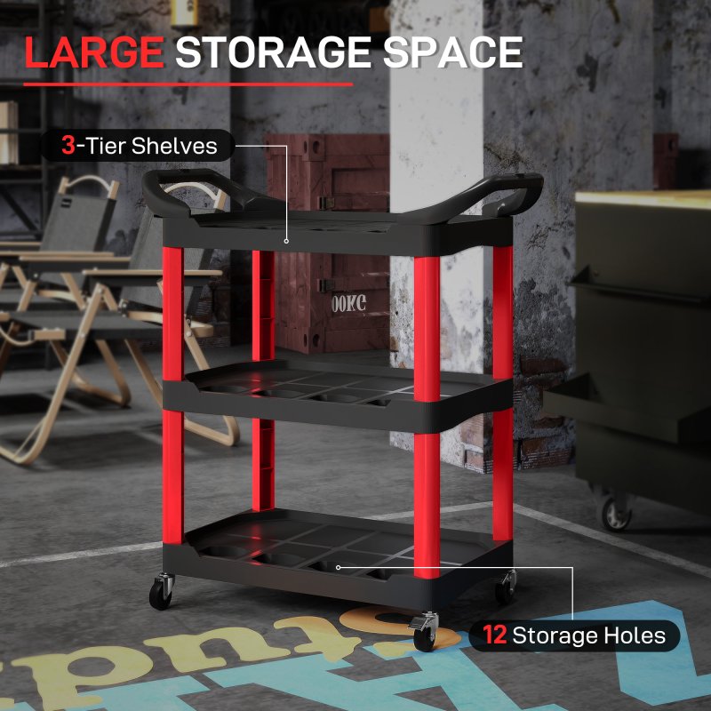 HOMCOM 3-Tier Rolling Tool Cart, Tool Trolley on Wheels, Plastic Mobile Service Utility Cart with Handles for Garage, Mechanics and Warehouse, 91kg Capacity, Black and Red