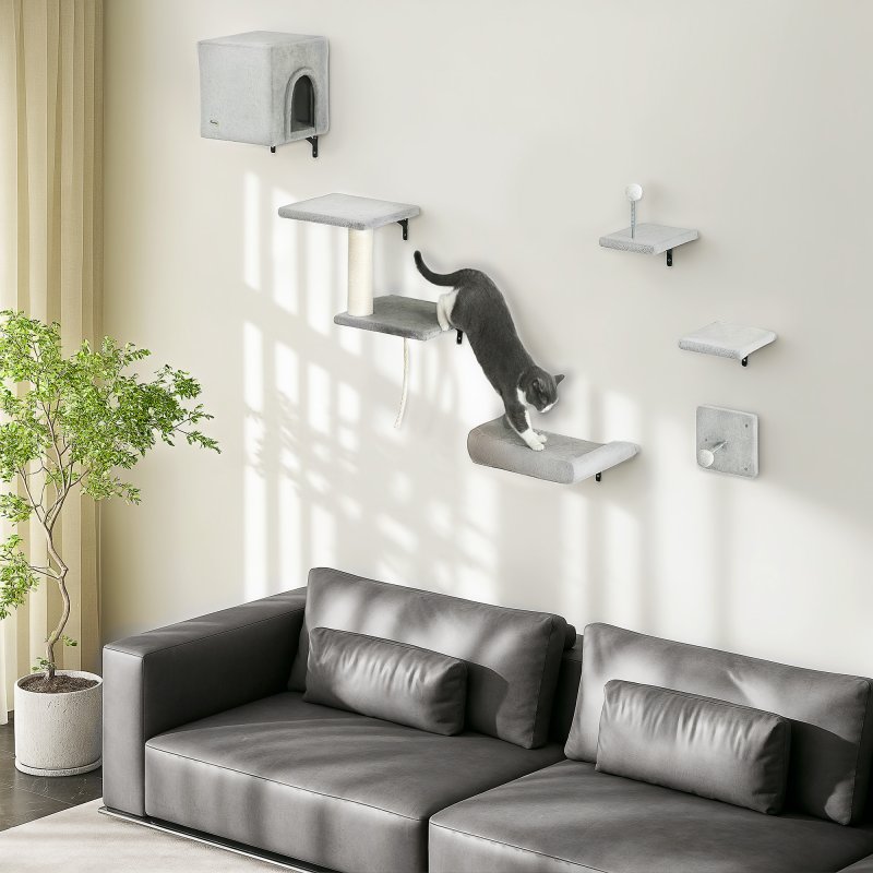 PawHut Cat Wall Shelves, 6-Piece Cat Wall Furniture Set with Condo, Platforms, Sisal Scratching Post, Bed and Toy Ball, for Climbing, Sleeping, Playing, Grey