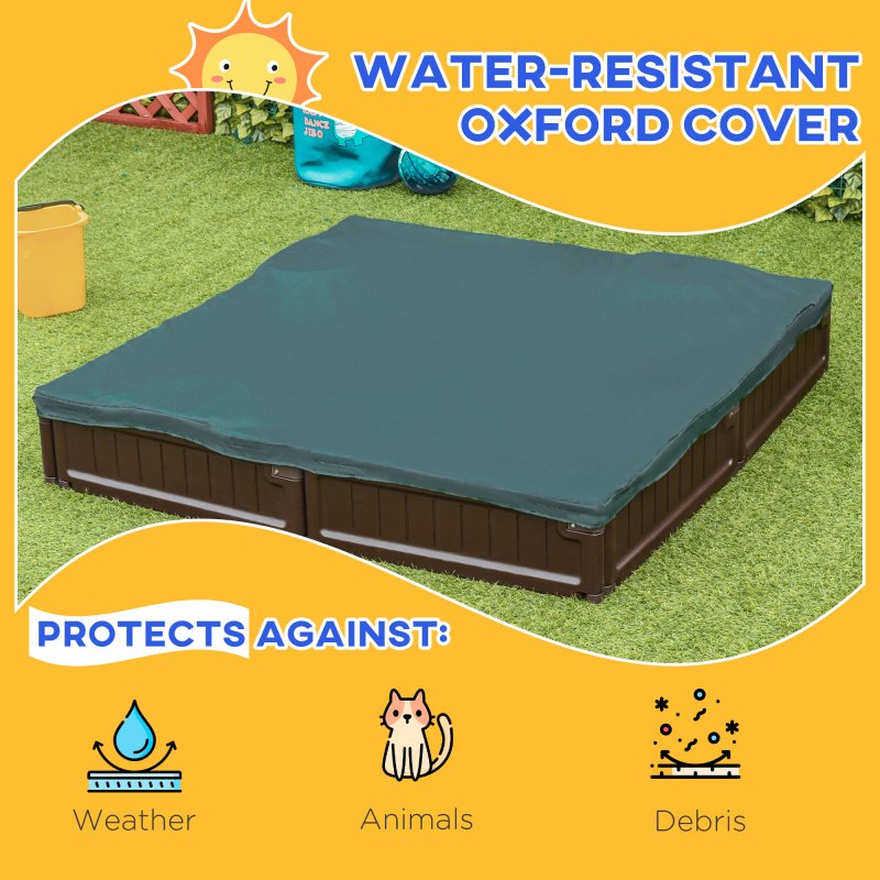 Outsunny Sand Pit Children's Plastic Sandpit w/ Water-Resistant Oxford Cover Bottom Fabric Liner kid Playset for 3-12 years old, Garden, Outdoor - (Brown)