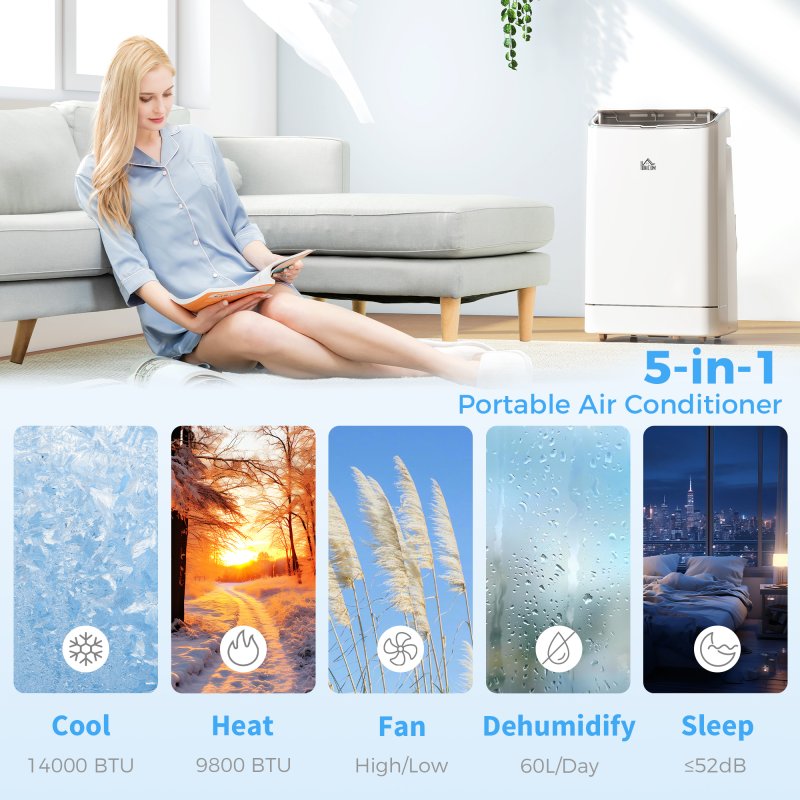 HOMCOM 14000 BTU Portable Air Conditioner, Smart Home WiFi Compatible, 5-in-1 Heater Dehumidifier Cooler Fan, with Sleep Mode, Remote, 24H Timer, Window Venting Kit, A Energy Efficiency, 35m², White