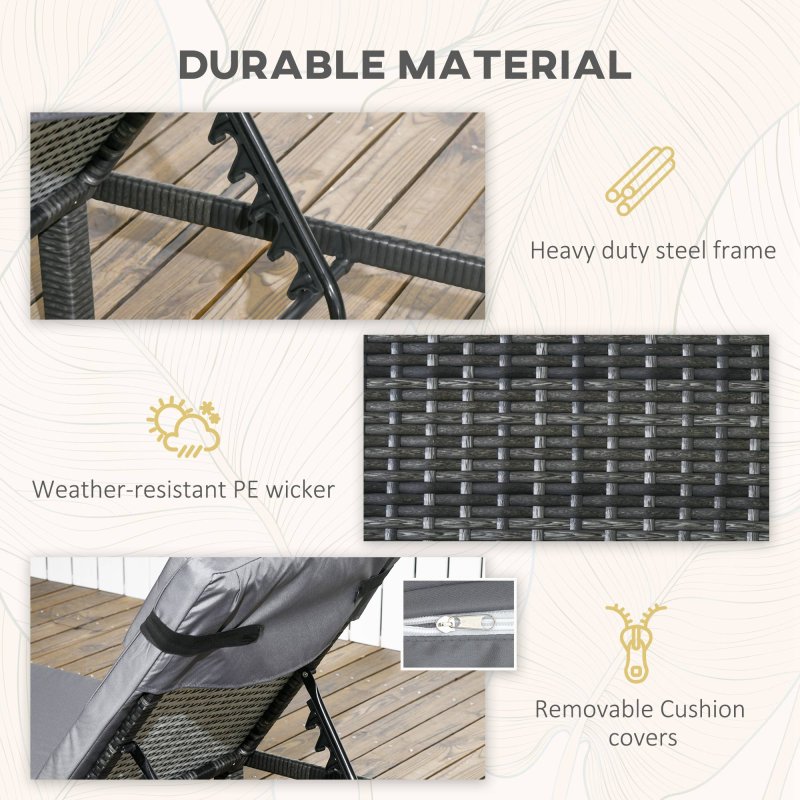 Outsunny Rattan Sun Lounger Set of 2, 5-Level Adjustable Garden Lounger Recliner with Cushion and Headrest, Outdoor Reclining Sunbed, Steel Frame Garden Chair for Patio, Beach, Terrace, Dark Grey