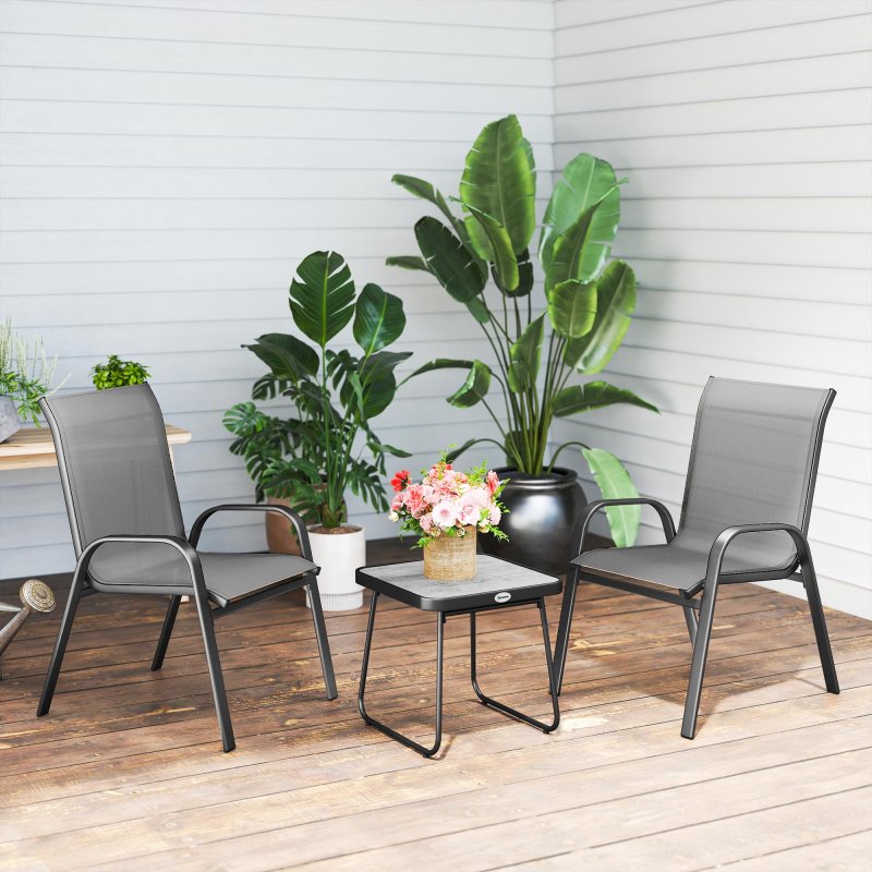 Outsunny 3 Pieces Outdoor Bistro Set, Patio Stackable Armchairs with Breathable Mesh Fabric and SPC Board Coffee Table, Light Grey