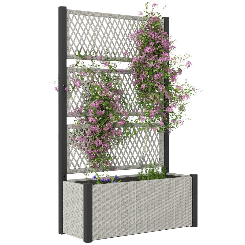 Outsunny Garden Planter Box with Trellis, Liner, Rattan Raised Bed, Trough Planter with Topped Trellis for Climbing Plants, Vegetables, Flowers, 90 x 35 x 148 cm, Mixed-grey