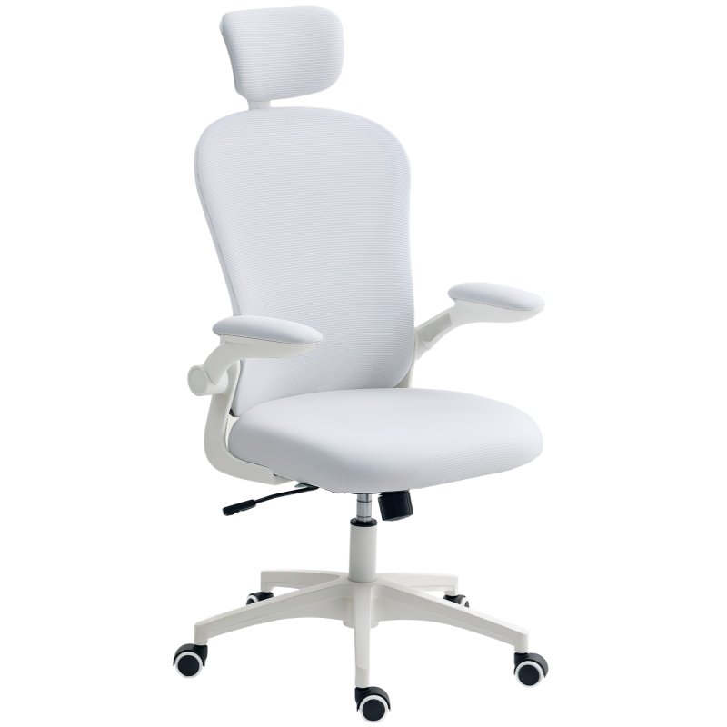 Vinsetto High Back Office Chair, Mesh Computer Desk Chair with Rotatable Headrest, 4D Lumbar Support, Flip-up Arm, Adjustable Height, White