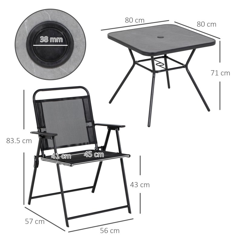 Outsunny 5-Piece Garden Dining Set with 4 Foldable Armchairs, Outdoor Furniture Set with Parasol Hole and Wood-plastic Composite Top Dining Table, Mesh Seat, Black