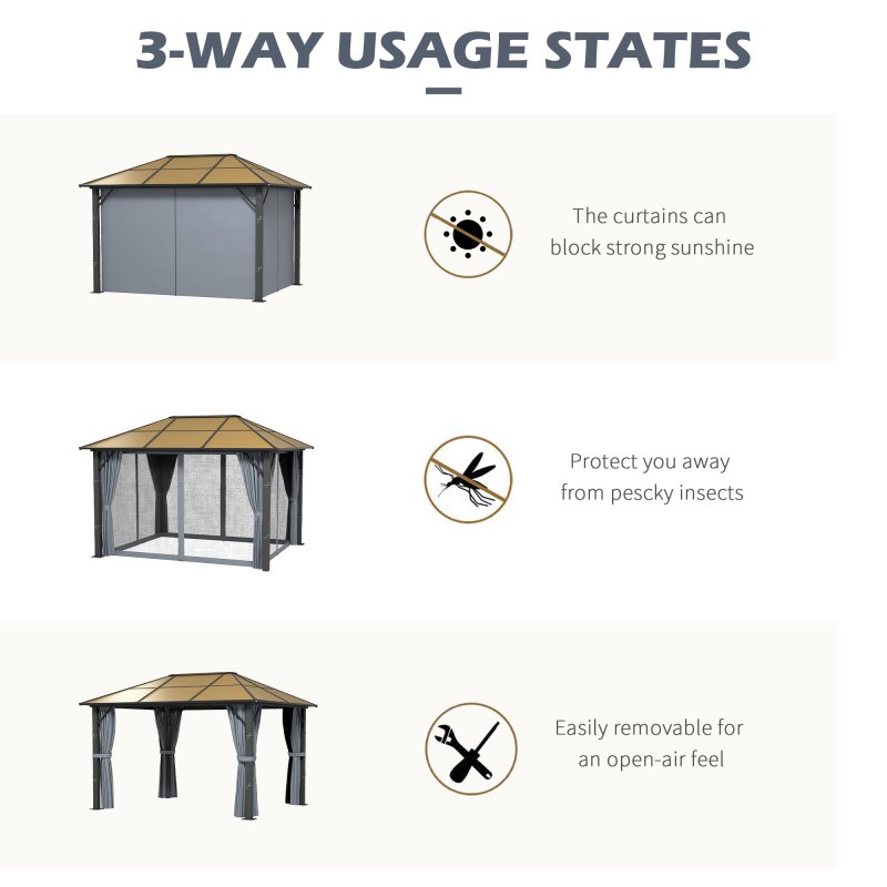 Outsunny 3 x 3.6m Hardtop Gazebo Canopy with Polycarbonate Roof, Aluminium Frame, Permanent Pavilion Garden Gazebo with Netting and Curtains - Grey