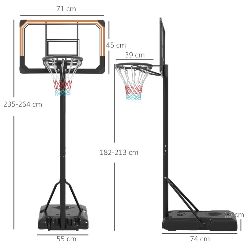 SPORTNOW Height Adjustable Basketball Hoop and Stand, Freestanding Basketball Stand, Net, System with Wheels, Enlarged Base, P Backboard for teenager, 1.82-2.13(m) - Black