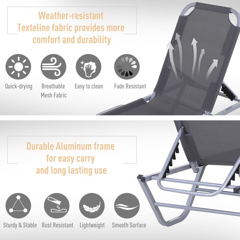 Outsunny Sun Lounger Relaxed Recliner with 5-Position Adjustable Backrest Aluminium Frame for Pool or Sun Bathing Light Grey