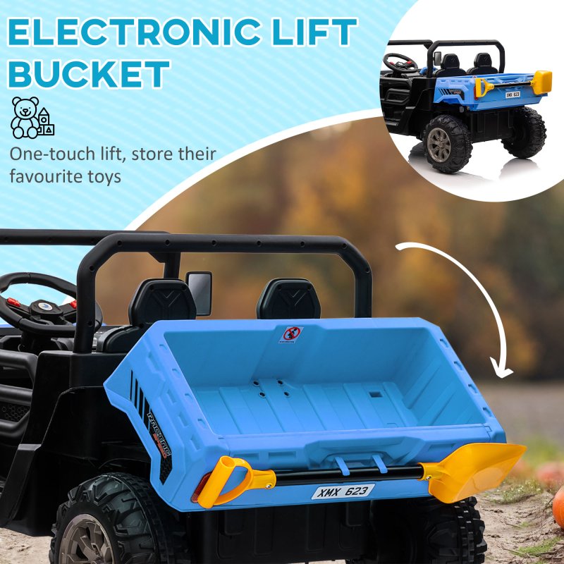 HOMCOM 2 Seater Kids Ride On Car with Electric Bucket, 12V Battery Powered Electric UTV with Shovel, Parental Remote, 4 Spring Suspension Wheels, Working Horn, Music - Blue