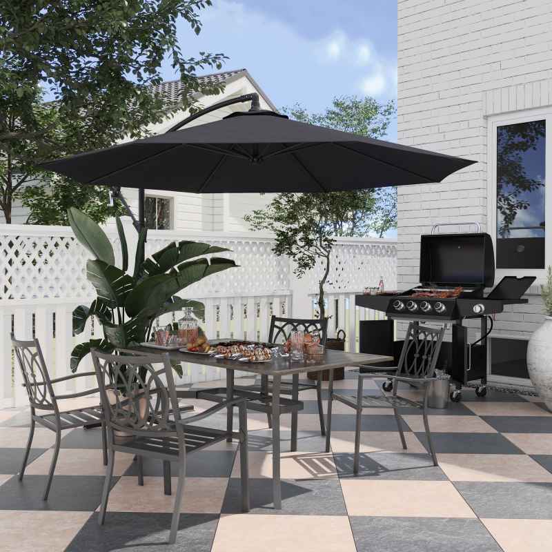 Outsunny 3(m) Garden Cantilever Parasol Patio Banana Hanging Umbrella Sun Shade with Crank and Tilt, 8 Ribs and Cross Base, Black