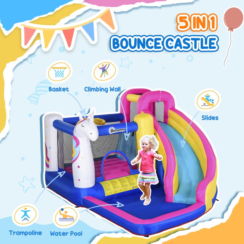 Outsunny Bouncy Castle for Children, 5 in 1 Inflatable Bounce House Unicorn Design with Blower, Slide, Climbing Wall, Basketball Hoop, for Ages 3-8 Years