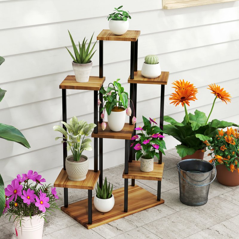 Outsunny 5 Tier Plant Stand Indoor Outdoor, Tiered Corner Steel Wood Plant Shelf for Multiple Plants, Tall Flower Stand Display Rack for Garden Patio Balcony Living Room, Carbonised Finish